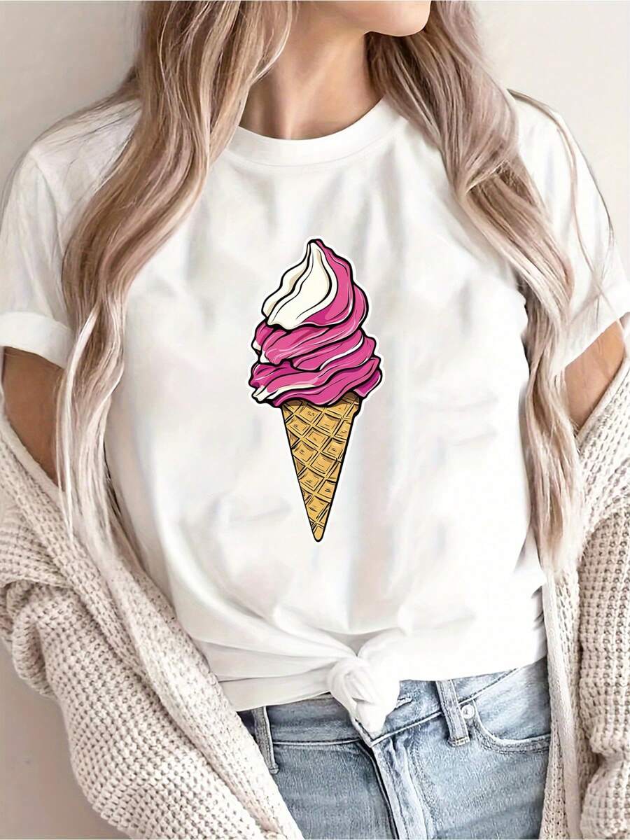 [New Summer Arrival Recommendation] Ice Cream Print T-Shirt, Casual Women's Vacation Short Sleeve Crew Neck Spring/Summer Machine Washable New Women's Clothing, Versatile For Going Out, Sports, Casual - 白色 - 查看 1