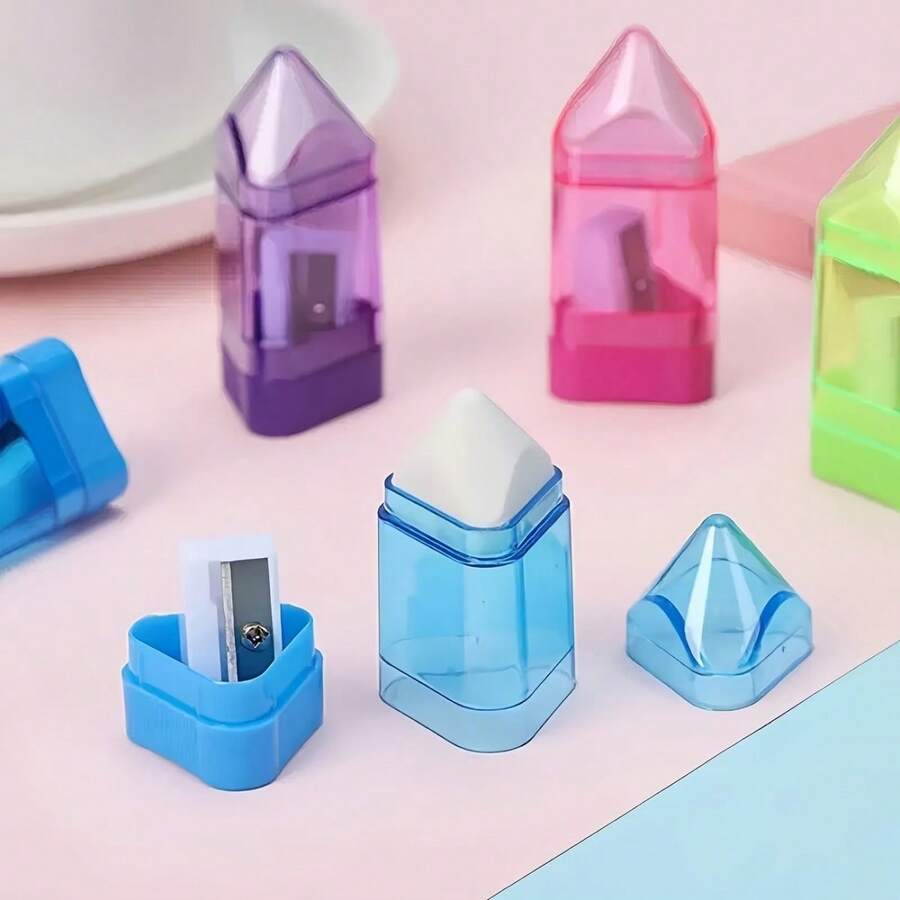 4pcs Multi-Functional Eraser And Pencil Sharpener Set, Random Colors, Suitable For Students And Office Use, Portable 2-In-1 Stationery Tool Without Battery, Art Supplies Gift, Compact And Convenient - Pencil Case - View 1