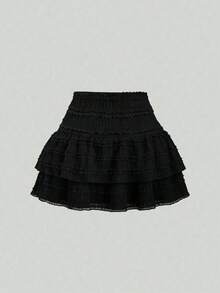 Falda mini casual y de resort Y2K con dobladillo de doble capa y ribete de volantes de unicolor - Negro - Ver 3