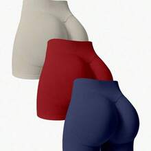 Nana's Women's Clothing Store NcmRyu 3 piezas Pantalones cortos deportivos de verano de cintura alta, de unicolor, sin costuras y elásticos para mujer - Negro01 - Ver 9