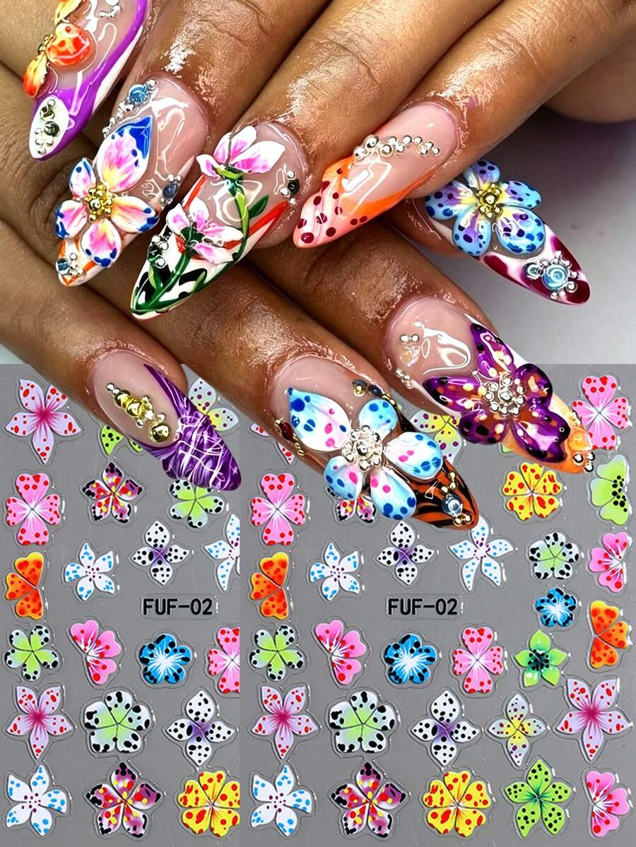 Retro-Style Carved Nail Stickers, Colorful Peony Five-Petal Flower Nail Stickers, Self-Adhesive Leopard Print Flower Nail Stickers.