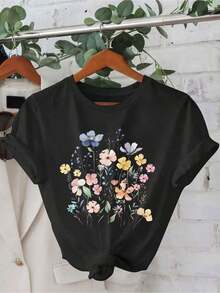 Camiseta Casual Sencilla con Estampado de Dibujos Animados, Cómoda y Transpirable, para Mujer, con Cuello Redondo, Diseño Simple con Estampado de Letras y Dibujos Animados, Adecuada para el Ocio Diario y Versátil, que Muestra un Estilo Natural y Elegante, Imprescindible para Fiestas de Verano. Entrega Rápida. - Negro - Ver 1