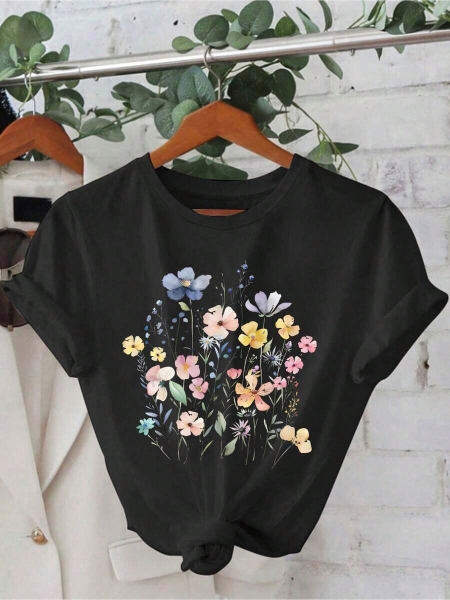 Camiseta Casual Sencilla con Estampado de Dibujos Animados, Cómoda y Transpirable, para Mujer, con Cuello Redondo, Diseño Simple con Estampado de Letras y Dibujos Animados, Adecuada para el Ocio Diario y Versátil, que Muestra un Estilo Natural y Elegante, Imprescindible para Fiestas de Verano. Entrega Rápida. - Negro - Ver 1