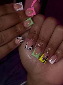 24pcs Short Square Glossy Nail Stickers, Featuring Playful French Stiletto Design In Pink, Green, Yellow And Cow Print Patterns, Accented With Dotted Texture And Cross Details. The Set Includes 1pc Jelly Nail And 1pc Nail File, Ideal For Girls And Women To Wear Daily, Parties And Celebrations. - Multicolor - View 2