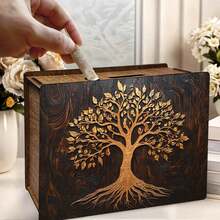 1pc Decorative Handmade Wooden Piggy Bank, Reusable Vintage Wooden Coin Box, 2D Rectangular Coin Box With Golden Tree Pattern, For Home Office Decor - Multicolor - View 4