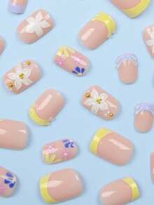 24pcs Square & Round Summer Fake Nails, 3D Floral & Water Drop Square French Manicure Cute Acrylic Nail Stickers, Nail Gel & File Included, Suitable For Women Daily, Date, Party - Multicolor - View 4