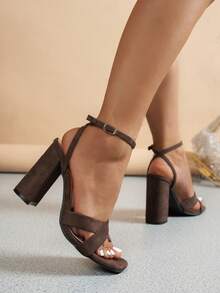 Women's Black High Heel Sandals, Elegant Summer Faux Suede Open Toe Chunky Heel Strap Sandals - Brown - View 4