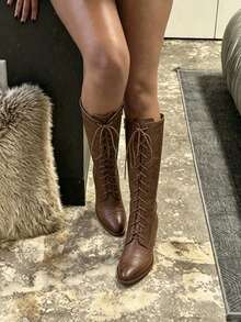 Women's Easter Leather Brown Mid Calf Boots Lace Up Chunky Heel Vintage Combat Heeled Dress Casual Boots Country Concert Combat Boots For Women - màu nâu - Xem 9