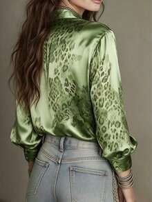 Blusa de satén con estampado de rosa naranja-turquesa clásico para mujer, diseño con cuello, elegante para el uso diario, salidas y talla grande - verde menta - Ver 3