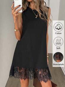 Vestido mini de cuello redondo sin mangas con dobladillo de encaje, adecuado para uso casual, playa, vacaciones, primavera/verano - Blanco y Negro - Ver 10