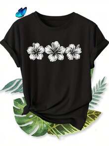 Women's Casual Sports T-Shirt In Black With White Hibiscus Flower Design - Elastic Round Neck T-Shirt, Machine Washable, Comfortable Fit And Suitable For All Seasons, For A Casual And Cool Look. - 黑色 - 查看 6