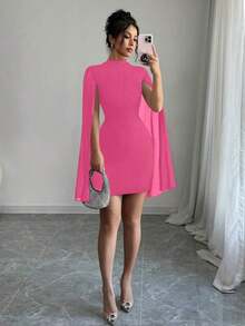 Solid Color Fitted Cape Dress With Mandarin Collar - Red - View 8