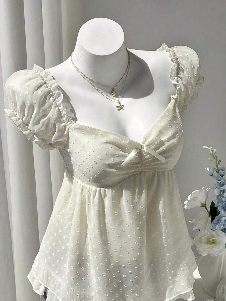 Blusa de mujer con cuello cuadrado cómoda, con detalle de recorte y manga corta, adecuada para vacaciones, playa, citas, versátil - Amarillo claro - Ver 1