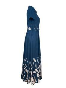 Vestido de línea A con estampado floral diminuto elegante para mujer, Keke Bloomly, de manga corta con cuello y cinturón, dobladillo con volantes lujosos, atuendo de festival, atuendo de playa para mujer en verano - amarillo ganso - Ver 9