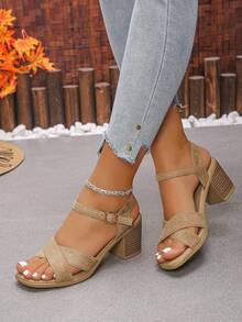 2026 Summer New Open Toe High Heel Sandals, Square Toe Chunky Heel Roman Style Retro Sandals For Women,Platform Heels - Apricot - View 4