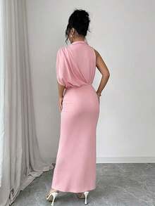 Vestido ajustado y acampanado sin mangas con cuello fruncido en color borgoña, para primavera/verano - Rosa - Ver 2