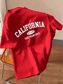 Men's Plus Size Short-Sleeve Crew Neck T-Shirt With A Slim Fit And Contrasting California Letter Print. This  Casual Style Is Perfect For Dates, Meetings, And Everyday Wear. It's Ideal For Couples And Families, And Makes A Great Gift For Boyfriends. - 紅色 - 查看 11