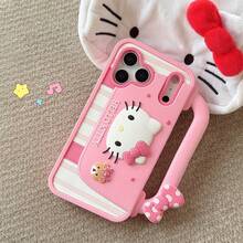SANRIO New Creative Cute Fashion Kitty Cat, Multifunctional Handheld Phone Case Design, Elegant Phone Holder, Fashionable Striped 3D Strawberry Kitty With Pink Bow, Hello Kitty Silicone Waterproof Shockproof Material, Compatible With Apple - KT Bear Bag - View 2
