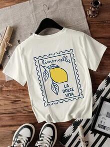 Gift [New Products Arrive In Great Style] Women's Casual Short Sleeve Crew Neck T-Shirt With Lemon Print, Unisex Summer Outing T-Shirts, Soft - 白色 7 - 查看 3