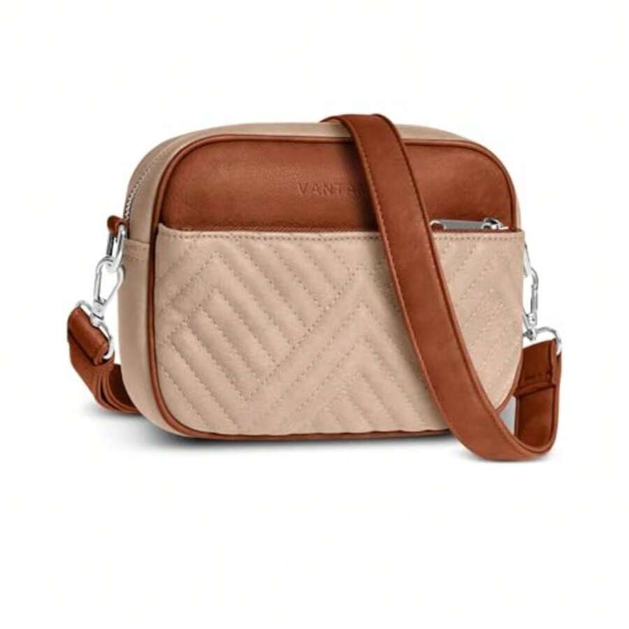 Premium Quilted Crossbody Bags For Women With Anti-Pickpocket Clip, Vegan Leather Handbags, Travel Purses For Women - 石色和棕色,配人造皮革錶帶 - 查看 1