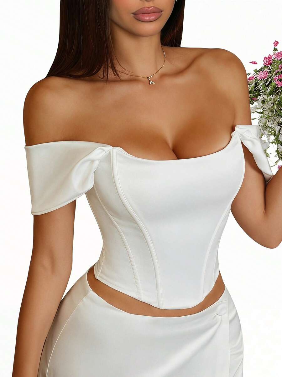 Blazique Sexy White Satin Corset Top, Women's Off-Shoulder Cropped Camisole Adjustable Tie Waist Shapewear Casual - White - View 1