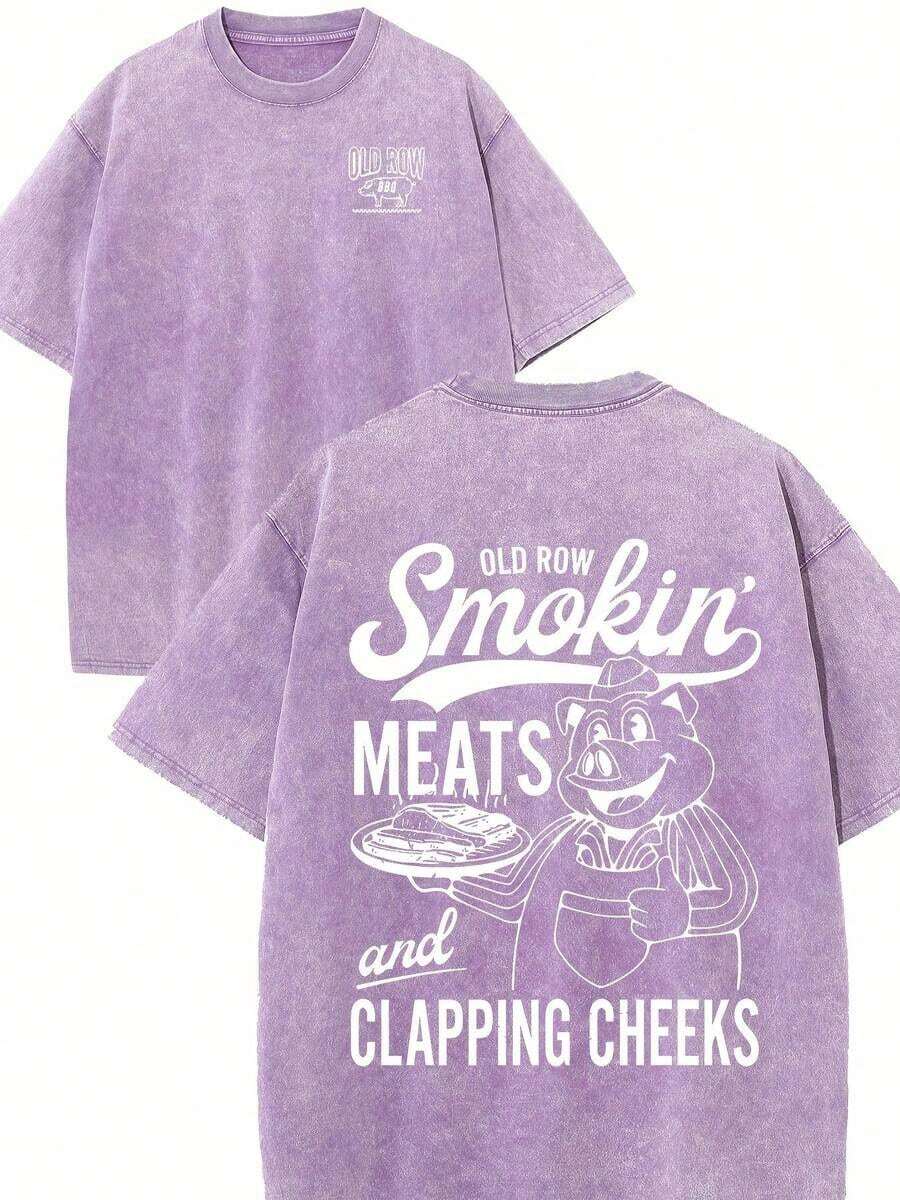 Pig Mascot - Graphic Print T-Shirt "Smokin' MEATS And CLAPPING CHEEKS", Urban Style, Men's Casual Wear, 230g Washed Cotton, Crew Neck, Short Sleeve, Comfortable And Breathable, Double-Sided Print, Summer Wear, High-Quality Design - 白色 - 查看 1