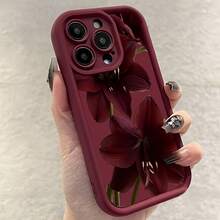 1pc Wine Red Gradient Pattern Minimalist Lens Protection Anti-Fall Anti-Collision Simplistic Wine Red Lily Flower Design Phone Case, Compatible With IPhone 16 Pro Max, 17/16/15/14 Plus/13/12/11, Air, Series - Multicolor - View 2