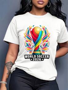 Short-Sleeved T-Shirt With A Fun Football-Themed Print For The 2026 World Cup, Urban Style Print Design, Summer Top, A Must-Have For Fans, Available In Men's And Women's Styles, Ideal As A Birthday Gift For A Boyfriend. - 白色 - 查看 1