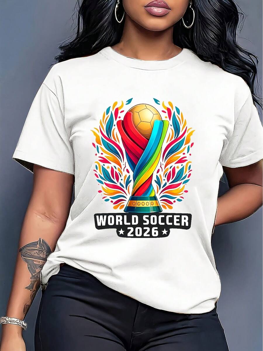 Short-Sleeved T-Shirt With A Fun Football-Themed Print For The 2026 World Cup, Urban Style Print Design, Summer Top, A Must-Have For Fans, Available In Men's And Women's Styles, Ideal As A Birthday Gift For A Boyfriend. - 白色 - 查看 1