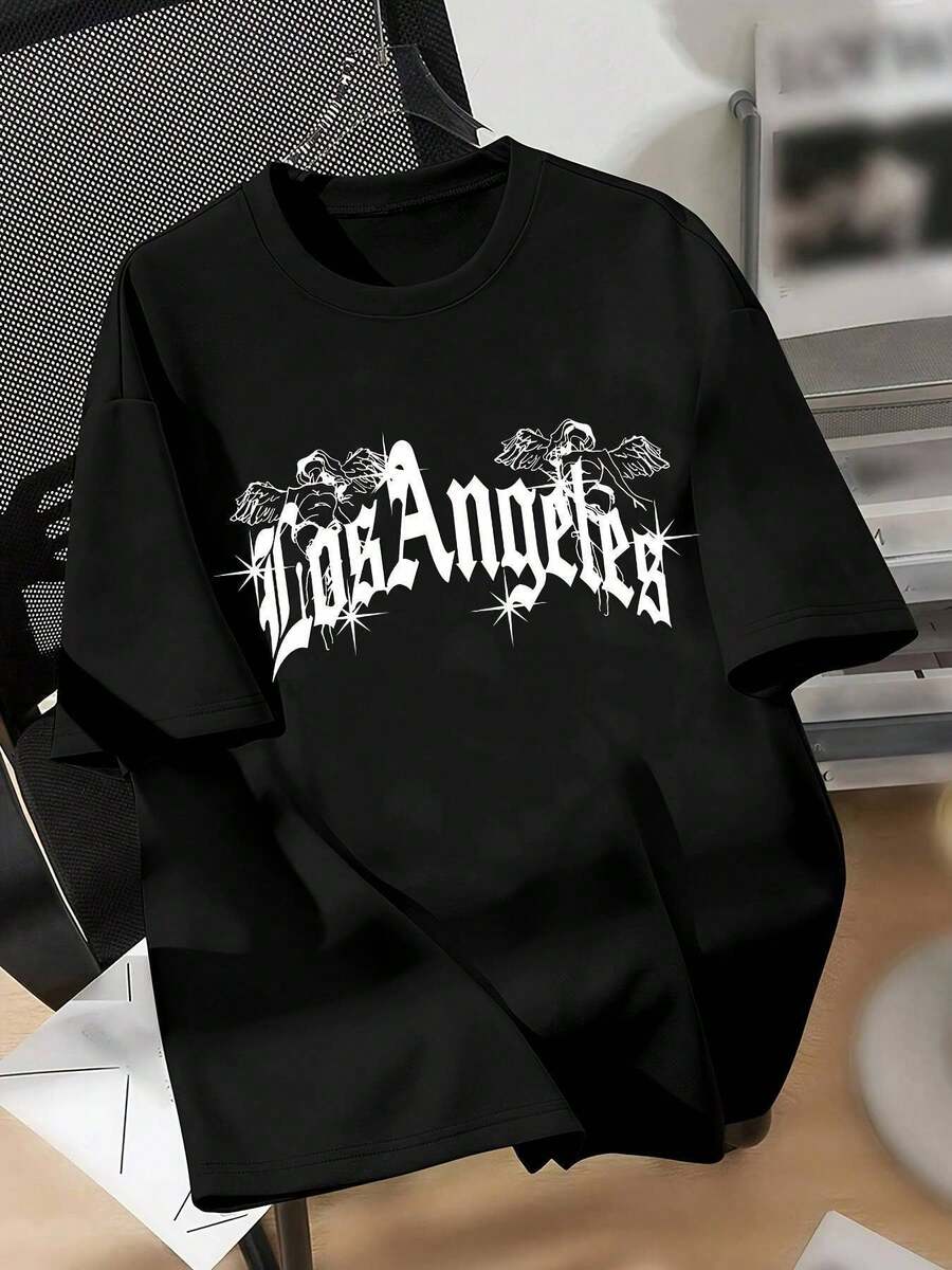 Los Angeles Youth Casual T-Shirt - Breathable And Comfortable Cotton, Crew Neck, Short Sleeves With "LOS ANGELES" Wing Design For Sports, Outdoor Activities, And Casual Wear. A T-Shirt For Everyday Use. | Casual Style | Moisture-Wicking Fabric - 黑色 - 查看 1