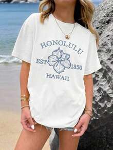 Camiseta de manga corta con cuello redondo y estampado floral de hibisco y eslogan, estilo casual minimalista y fresco para chicas adolescentes, ideal para el verano. - Blanco - Ver 7