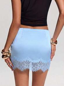 Minifalda elegante de mujer con parches de encaje y cintura con lazo, para verano - Celeste - Ver 2