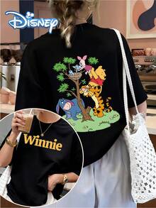 Disney Licensed, Best-Selling Women's Print: Minnie Mouse Head, Diamond Sparkle, Bow, Fashionable And Cute Printed Short-Sleeved Crew Neck T-Shirt. Crew Neck, Casual, Comfortable, Stylish, And Versatile, Suitable For Spring, Summer, And Autumn. Optimistic Design, Elastic Fabric. - màu đen - Xem 1