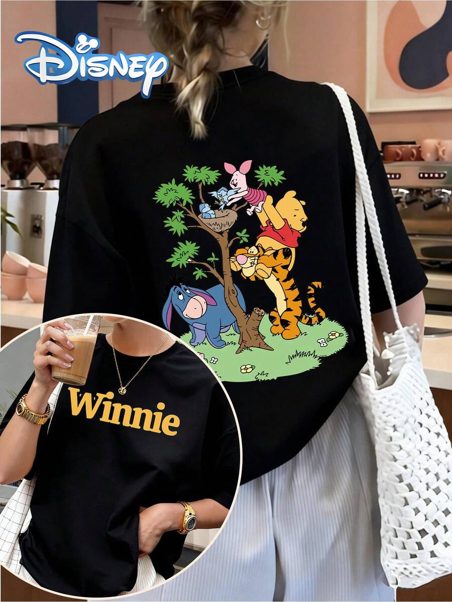 Disney Licensed, Best-Selling Women's Print: Minnie Mouse Head, Diamond Sparkle, Bow, Fashionable And Cute Printed Short-Sleeved Crew Neck T-Shirt. Crew Neck, Casual, Comfortable, Stylish, And Versatile, Suitable For Spring, Summer, And Autumn. Optimistic Design, Elastic Fabric. - màu đen - Xem 1