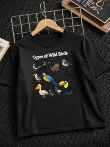 Camiseta de Algodón para Niños con Pájaros Coloridos y Letras del Alfabeto - Manga Corta, Cuello Redondo, Suave y Transpirable, Ropa Casual de Verano para Jugar - Negro - Ver 6