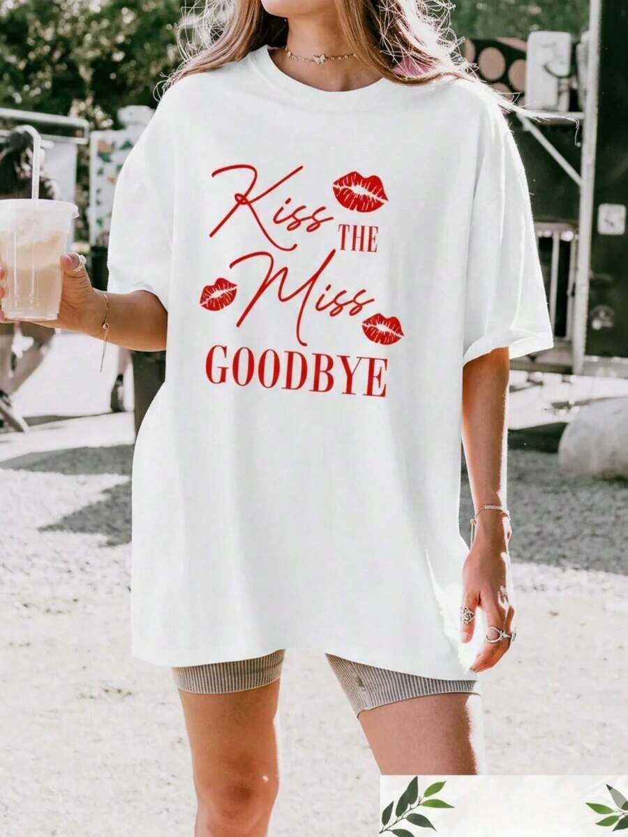 Women's T-Shirts, Comfortable Kiss The Miss Goodbye Bachelorette T-Shirt, Personalized Martini Cocktail Bachelorette Party T-Shirt, Girls' Night Out Outfit, Bride Team T-Shirt, Casual Blouses For Women - 白色 - 查看 1