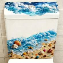 1张2D海洋波浪马桶水箱贴纸，逼真海滩乙烯基贴花，蓝色海洋和贝壳浴室墙贴，家居装饰或夏季度假创意家居卫生间改造 - 多色 - 查看 2
