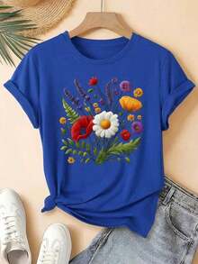 Fashion Fashion Fashion NEW Women's Graphic T-Shirt, Daisy Print, Lavender Floral Flower Spring Loose Fit, Crew Neck, Short Sleeve, Everyday Wear, Day & Night - Vintage Street Style Unisex Loose Cotton Short Sleeve Crew Neck T-Shirt - 藍色 - 查看 1