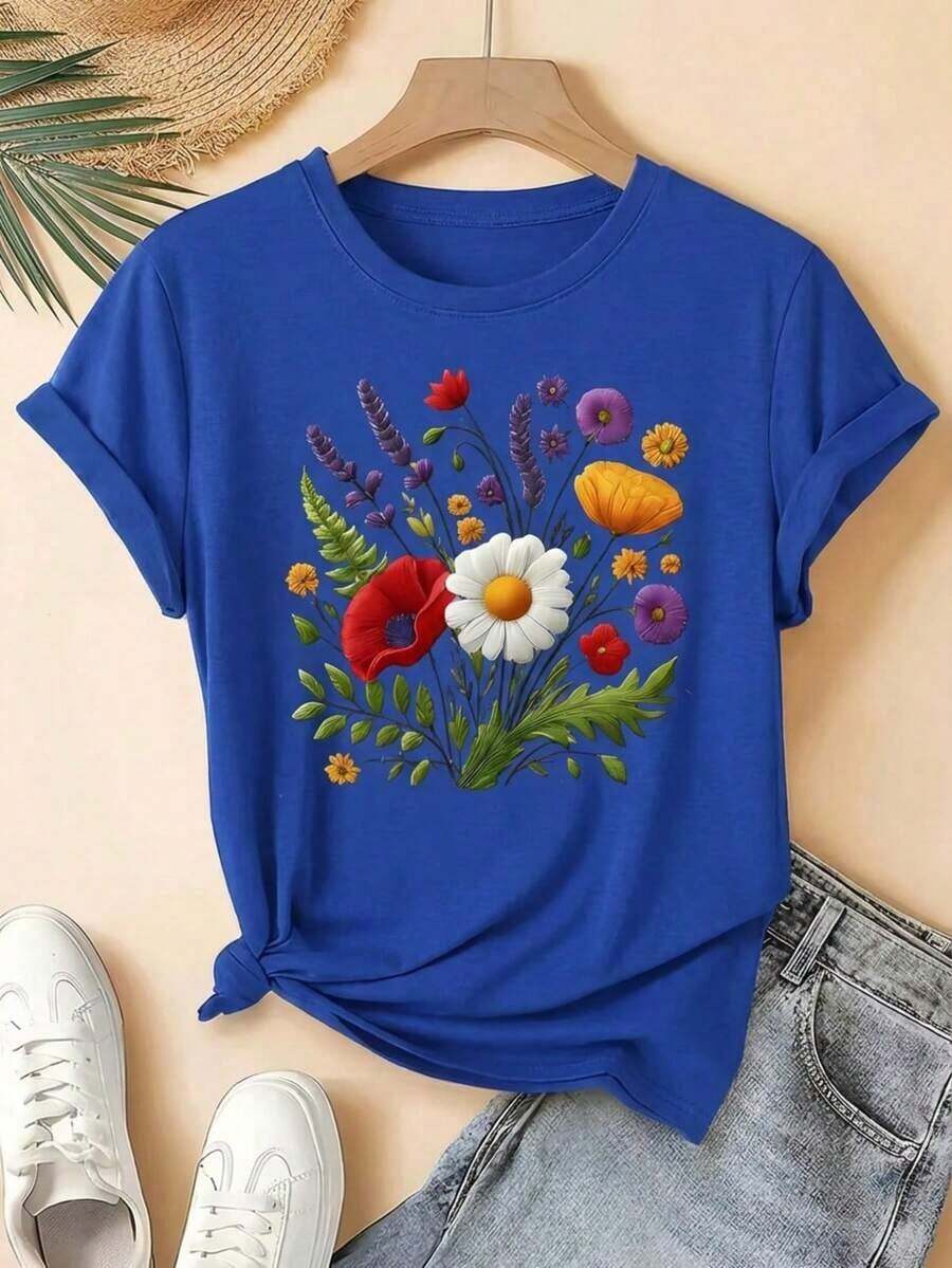Fashion Fashion Fashion NEW Women's Graphic T-Shirt, Daisy Print, Lavender Floral Flower Spring Loose Fit, Crew Neck, Short Sleeve, Everyday Wear, Day & Night - Vintage Street Style Unisex Loose Cotton Short Sleeve Crew Neck T-Shirt - 藍色 - 查看 1