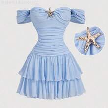MewMuse.  MOD Vestido mini ajustado de malla de punto con hombros descubiertos, vestido azul claro - Celeste - Ver 5