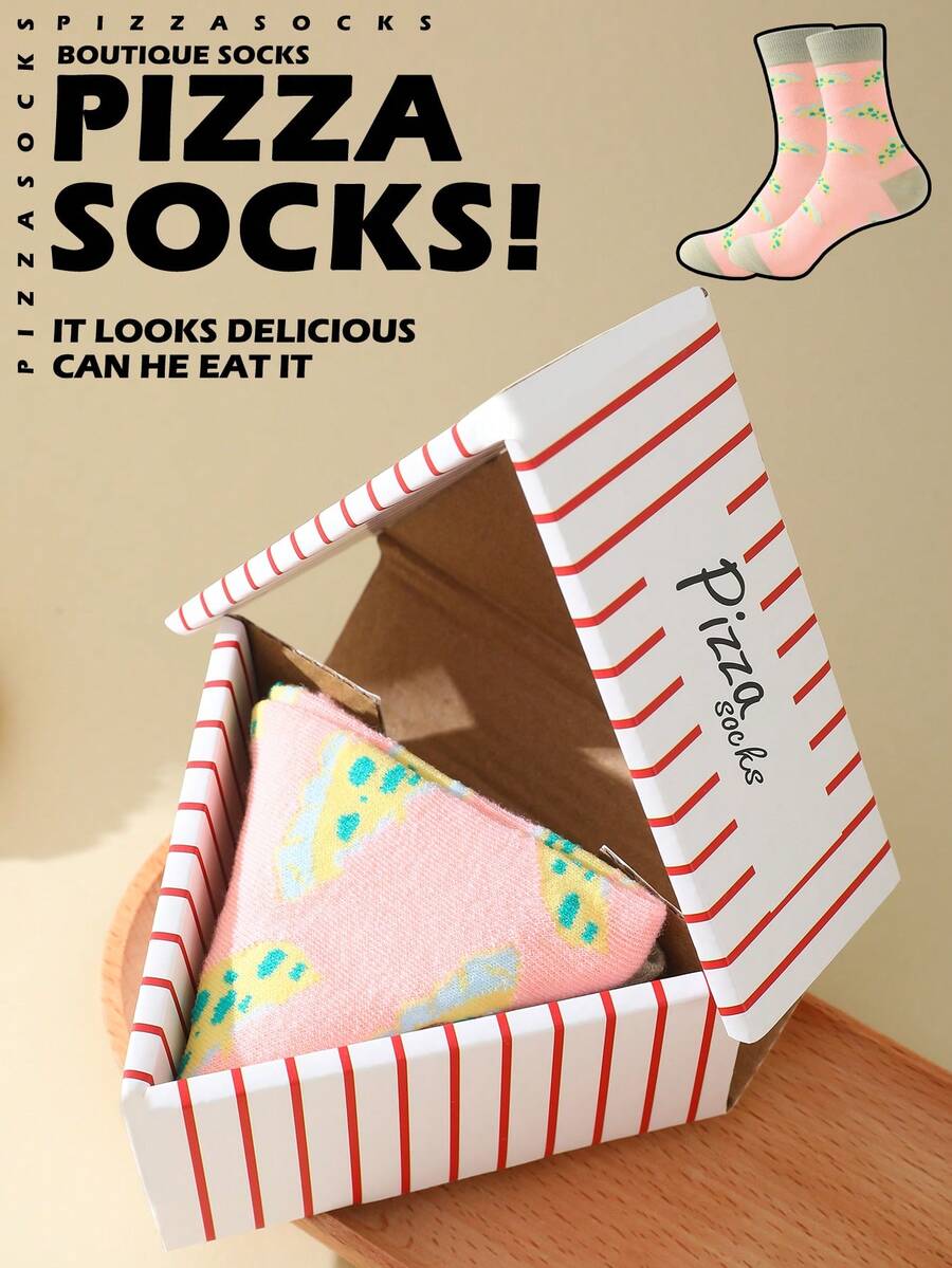 1 Pair Novelty Light Pink Mid-Calf Pizza Slice Print Socks, Unisex, Triangle Pizza Gift Box Packaging, Quirky Realistic Food Creative Design, Suitable For Halloween/Festival/Easter/Carnival/Christmas/Graduation Season/Thanksgiving Surprise Gift, Personalized Daily Wear Socks, Casual Outfit Item, Great Gift For Office/Gym/Home/Short Trip/Running/Outdoor Sports All Occasions