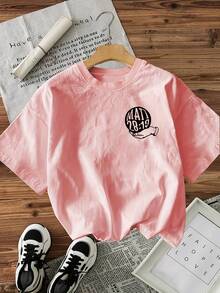 Short-Sleeved T-Shirt With Round Neck, % Cotton [Double-Sided Print], Vintage Style With Earth Hand Go Make Letter Print, Suitable For All Seasons, Can Be Used As A Base Layer In Spring And Autumn Or Alone In Summer, Unisex Style, Modern Heavy Cotton Cityboy Style Top. - 杏色 - 查看 9