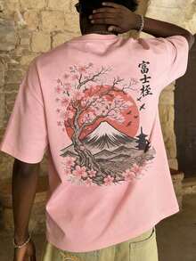 The Hottest Item Of The Summer: Men's Short-Sleeved Crew Neck T-Shirt With Embroidered Sakura And Mountain Print, Minimalist Summer Fashion. | Basic Casual Urban Style T-Shirt, Boyfriend Gift, Stylish, Popular, Party T-Shirt. - 粉色 - 查看 8