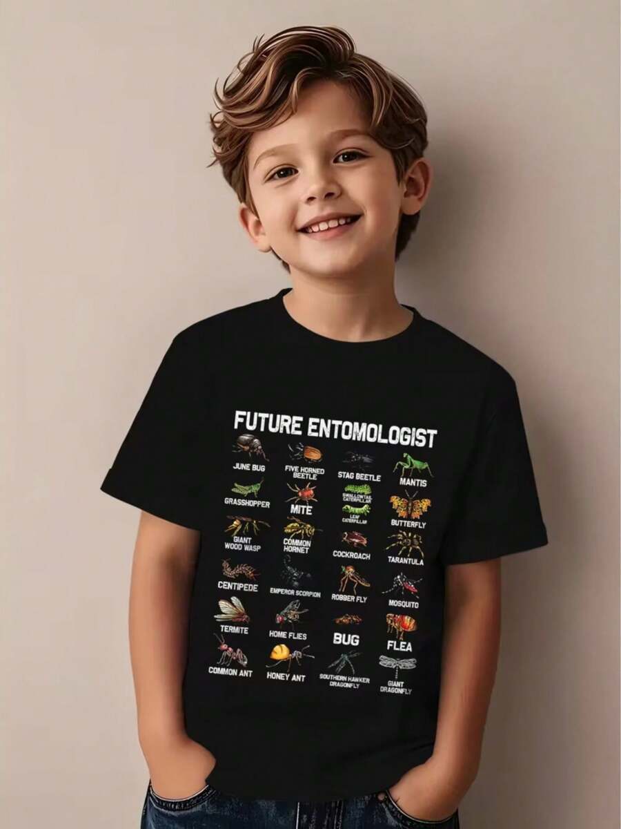 Entomology Enthusiast Boys' And Girls' T-Shirt With Fun Design, Breathable And Fashionable, Short Sleeve - 黑色 - 查看 1