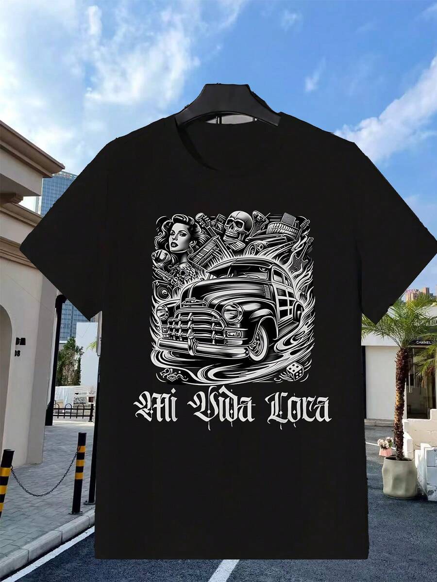 Black Classic Car T-Shirt With Vintage Car Print, Skulls, And Pin-Up Girl, Featuring The Text "Mi Vida Loca" For Streetwear And Casual Wear. Ideal For Parties, The Beach, Sports, And Outdoor Activities. | Casual Wear For All Seasons - 黑色 - 查看 1