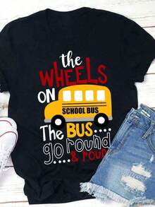 Short-Sleeve T-Shirt With Bus Wheel Design, Teacher Appreciation, Teacher T-Shirt, Women's Graphic Tee, Back To School, Teacher Apparel, Women's Casual Crew Neck T-Shirt, Fitted T-Shirt, 100% Cotton - 黑色 - 查看 1