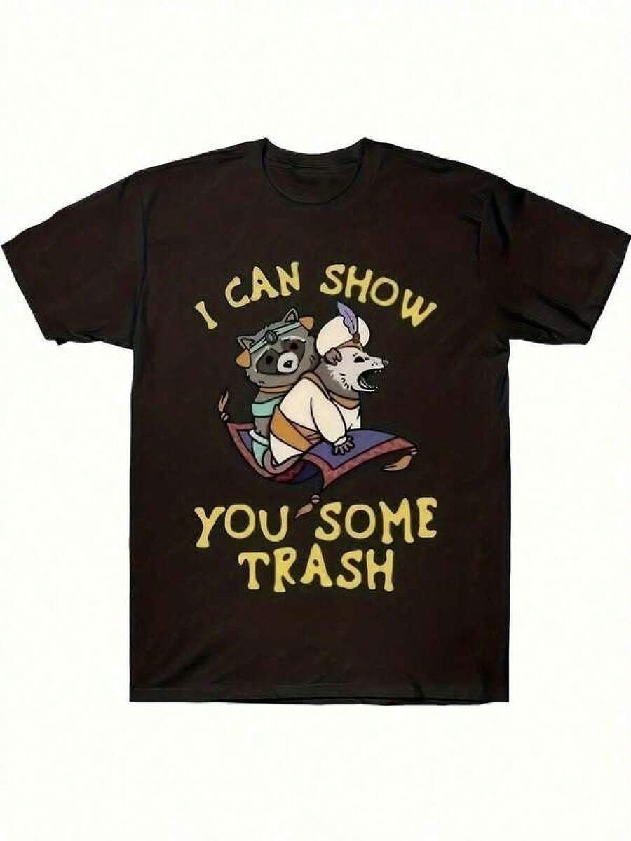 Cool Fit, Men's Cotton T-Shirt With Cartoon Opossum Print And 'I Can Take You To See The Trash' - Casual Summer T-Shirt, Breathable Crew Neck Top - 黑色 - 查看 1