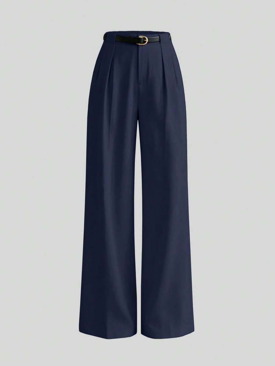 Mid-Waist Solid Color Elegant Straight Leg Pants With Belt Spring - Blue - View 1