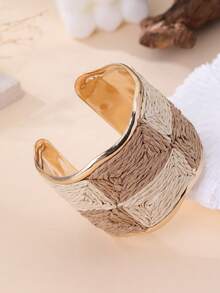 1pc Maillard Checkered Rattan Woven Bracelet, Metal Edged Open Bangle, Niche Design, French Casual Versatile Accessory. Unique, Quality, Niche Design, Suitable For Vacation, Party, Market And Daily Outfit. - Multicolor - View 4