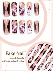 24pcs Elegant Gorgeous 3D Purple Blooming Flower Leopard Print Gold Star Decorated Rectangular False Nail Stickers, Suitable For Women's Daily Outdoor Party Manicure Nails - Multicolor - View 3